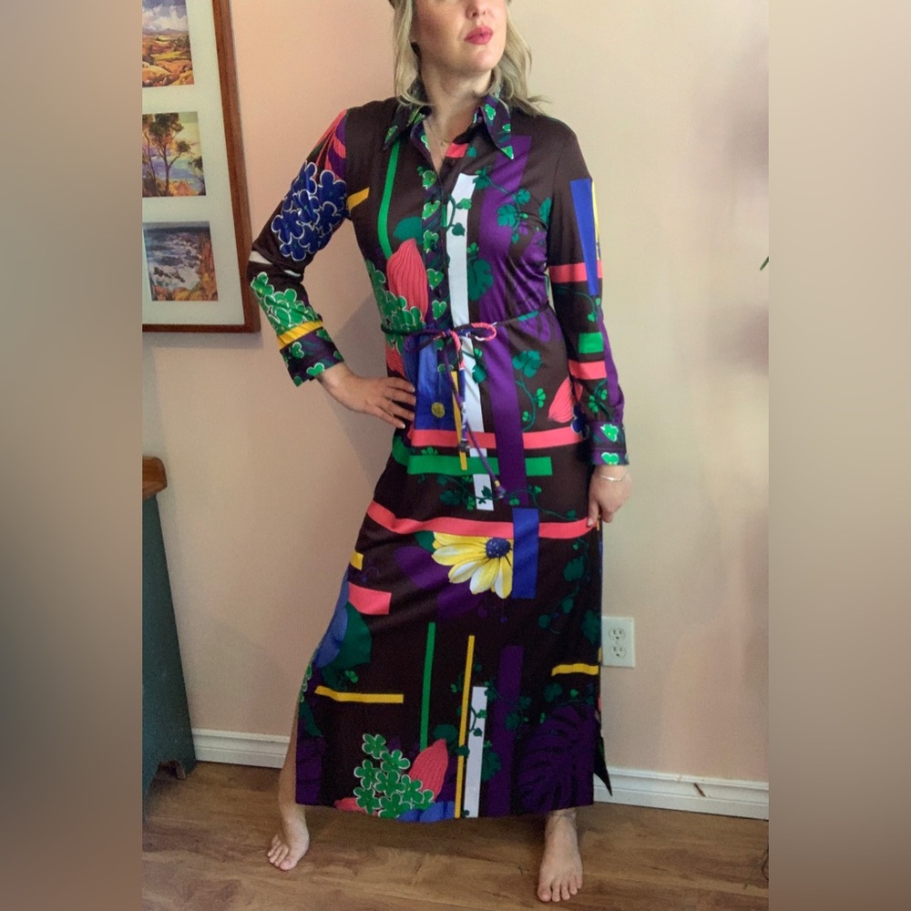 Vintage 1970s Funky Floral & Foliage Print Collared Shirt Dress Maxi Gown Sz M